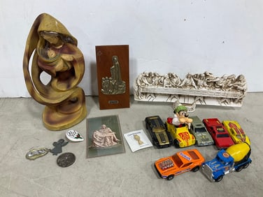 Vintage 1970s Hotwheels, Resin Last Supper Figure, and Mother Mary Wood Figure (Tallest - 8.25in)