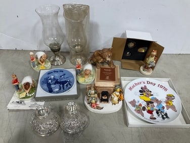 Various Ceramic Figures, Decorative Plate, Candle Holders, and more