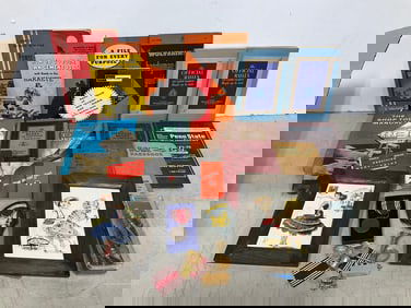 Vintage medallion, booklets, framed artwork, and more