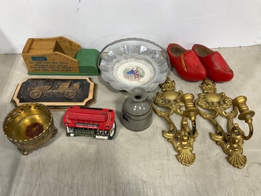 Wall sconces, vintage wooden dutch handpainted shoes, and more