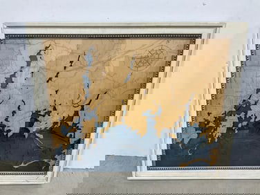 Framed wooden map and compass(19.5in.x23.5in.)