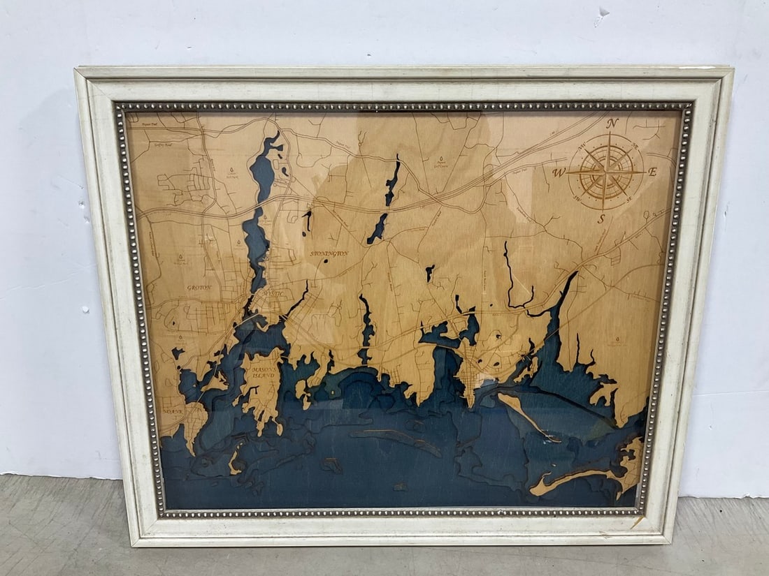 Framed wooden map and compass(19.5in.x23.5in.): Framed wooden map and compass(19.5in.x23.5in.)