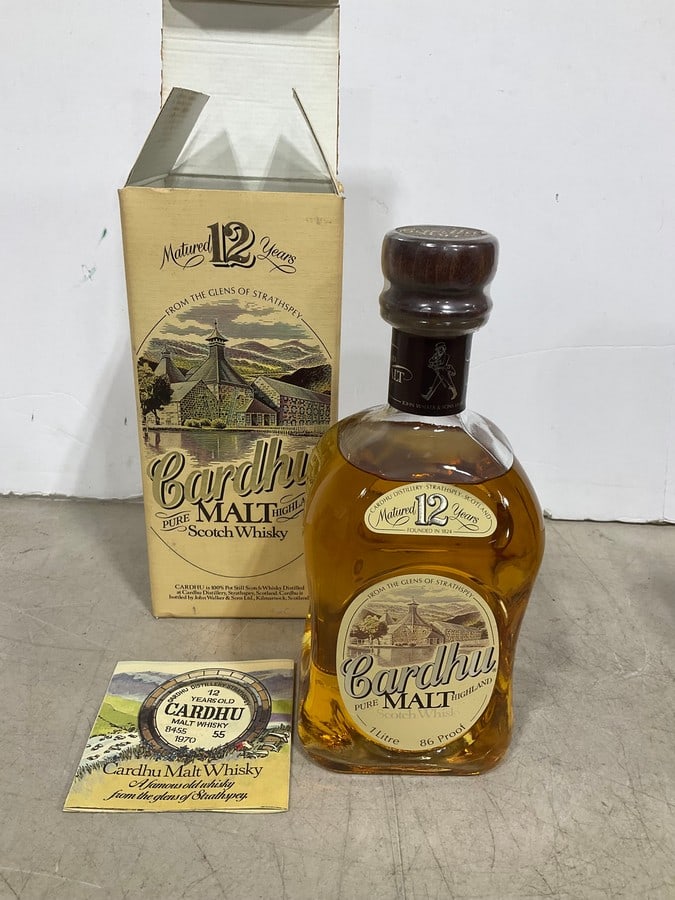 1980's Cardhu Highland Malt Whiskey/12 year in box(1000mL): Any contents in bottle is Free; You are bidding on the bottle & unbroken tax stamp