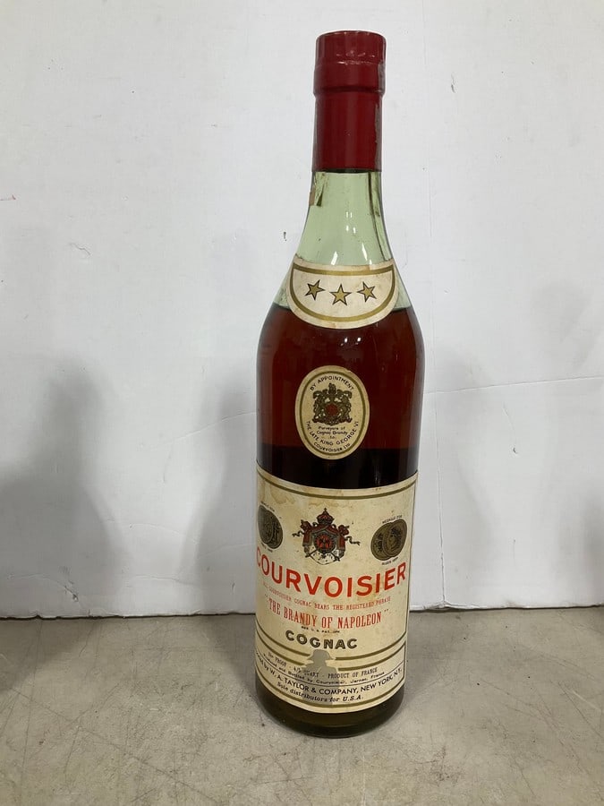 1960's Courvoisier Three Star Cognac(4/5 quart-RARE): Any contents in bottle is Free; You are bidding on the bottle & unbroken tax stamp