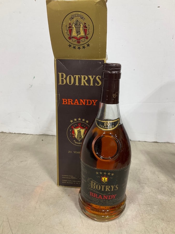 Botry's 20 year Greek Brandy in box(.70L): Any contents in bottle is Free; You are bidding on the bottle & unbroken tax stamp
