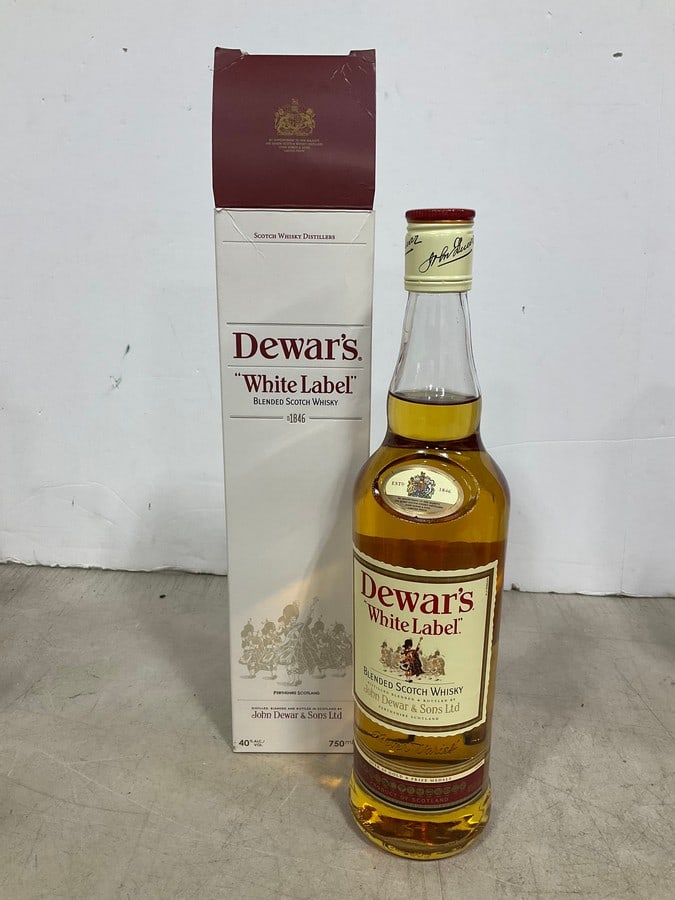 Dewar's White Label Scoth Whisky in box(750mL): Any contents in bottle is Free; You are bidding on the bottle & unbroken tax stamp