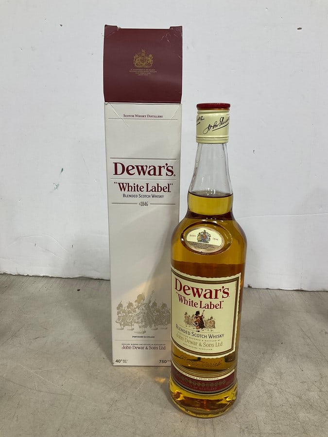 Dewar's White Label Scoth Whisky in box(750mL): Any contents in bottle is Free; You are bidding on the bottle & unbroken tax stamp