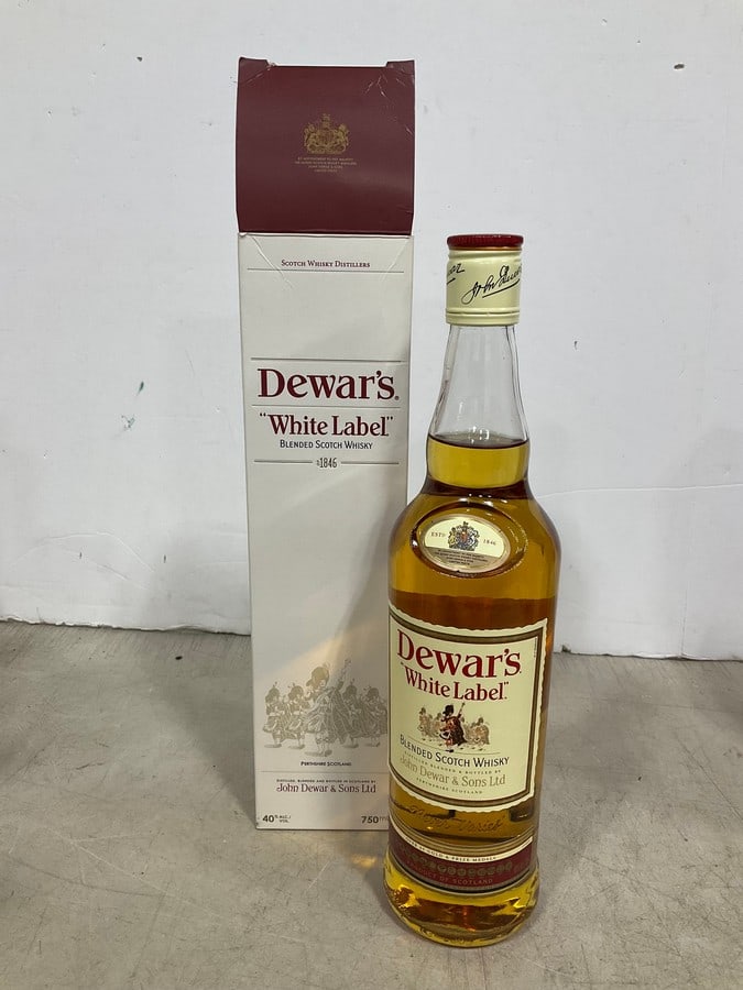 Dewar's White Label Scoth Whisky in box(750mL): Any contents in bottle is Free; You are bidding on the bottle & unbroken tax stamp