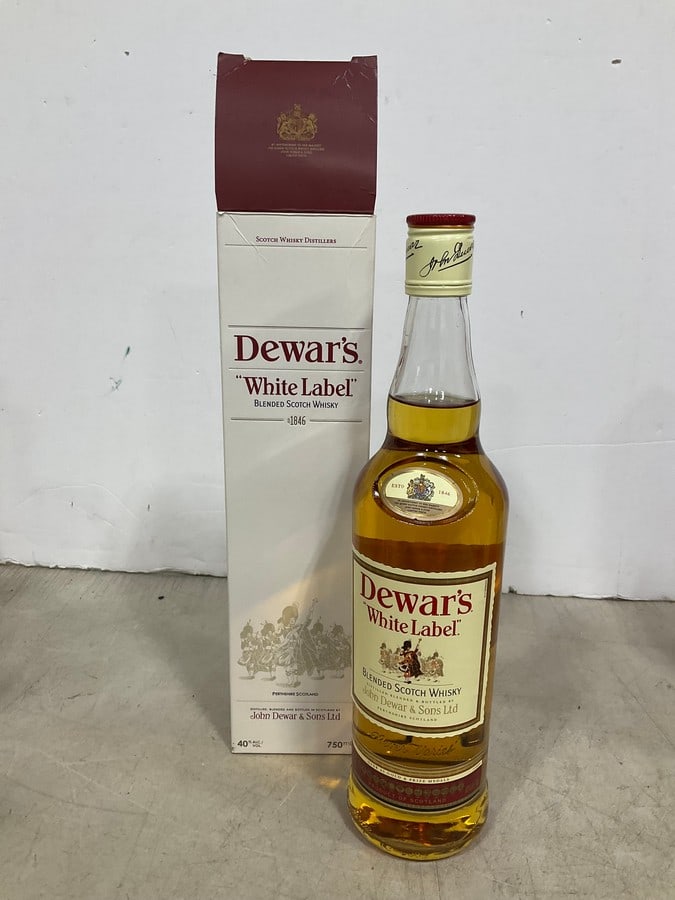 Dewar's White Label Scoth Whisky in box(750mL): Any contents in bottle is Free; You are bidding on the bottle & unbroken tax stamp