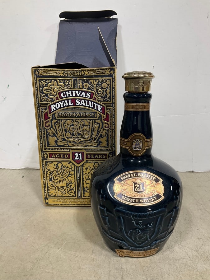 Chivas Royal Salute scotch whisky in box(75mL): Any contents in bottle is Free; You are bidding on the bottle & unbroken tax stamp
