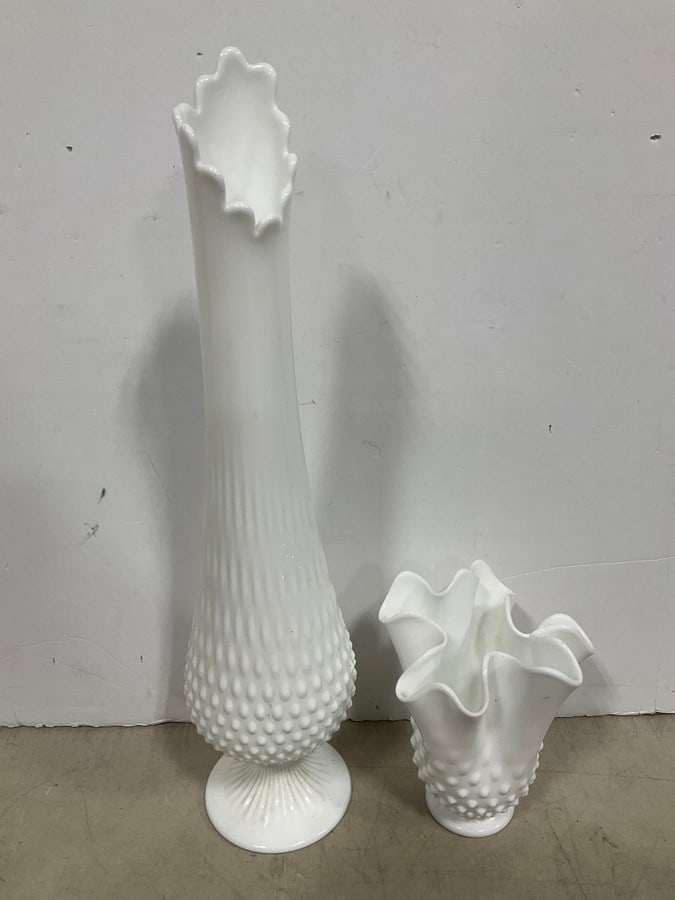 Fenton Hobail Milke Glass Vases (Tallest - 19.5in): Fenton Hobail Milke Glass Vases (Tallest - 19.5in)
