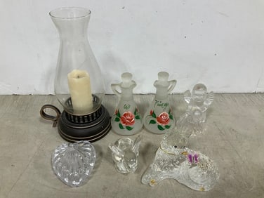 Oil/Vinegar Haind Painted Pitchers, Battery Operated Candle Light, Glass Angel Bell, and more
