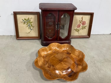Wooden Jewlery Box (9inx11inx4.5in), Framed Artwork, and more