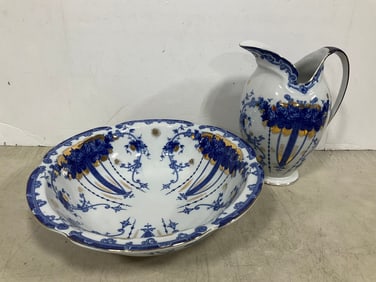 Victorian English Staffordshire Blue/White Pitcher and Bowl (Tallest - 11in)