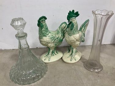 Ceramic Cock Decor, Glass Vase, and Decanter (Tallest - 12in)