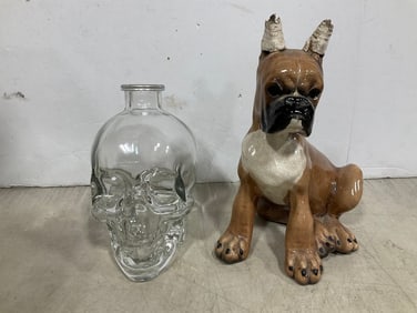 Skull whiskey bottle and dog ceramic(ears damaged)