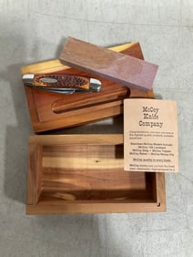 McCoy knife with wooden case and sharpener