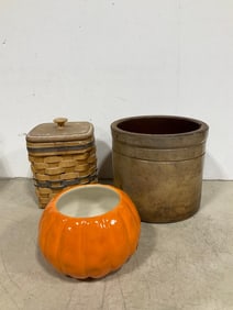 Stoneware container(7.5in.tall), ceramic pumpkin, and more