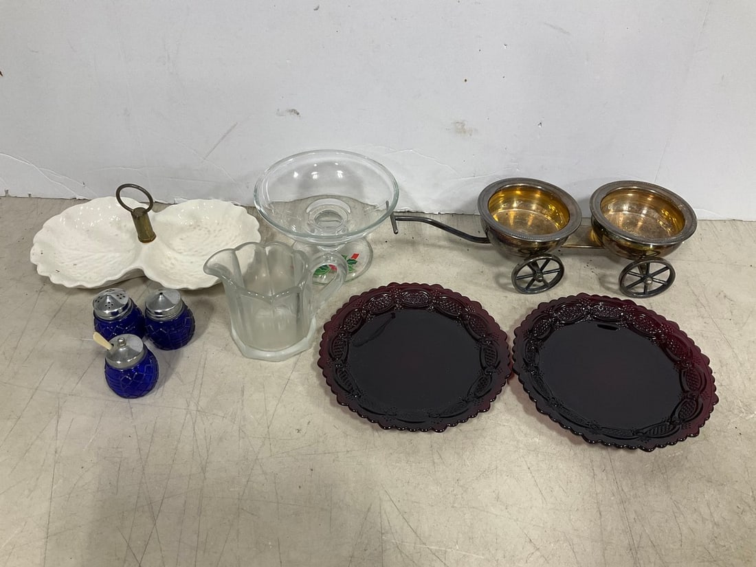 Avon red glass plates, salt/pepper shakers, glass pitcher, and more (1 of 1)