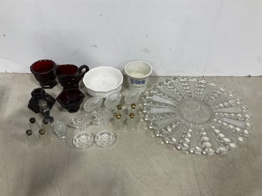 Avon red glass, salt/pepper shakers, serving platter, and more