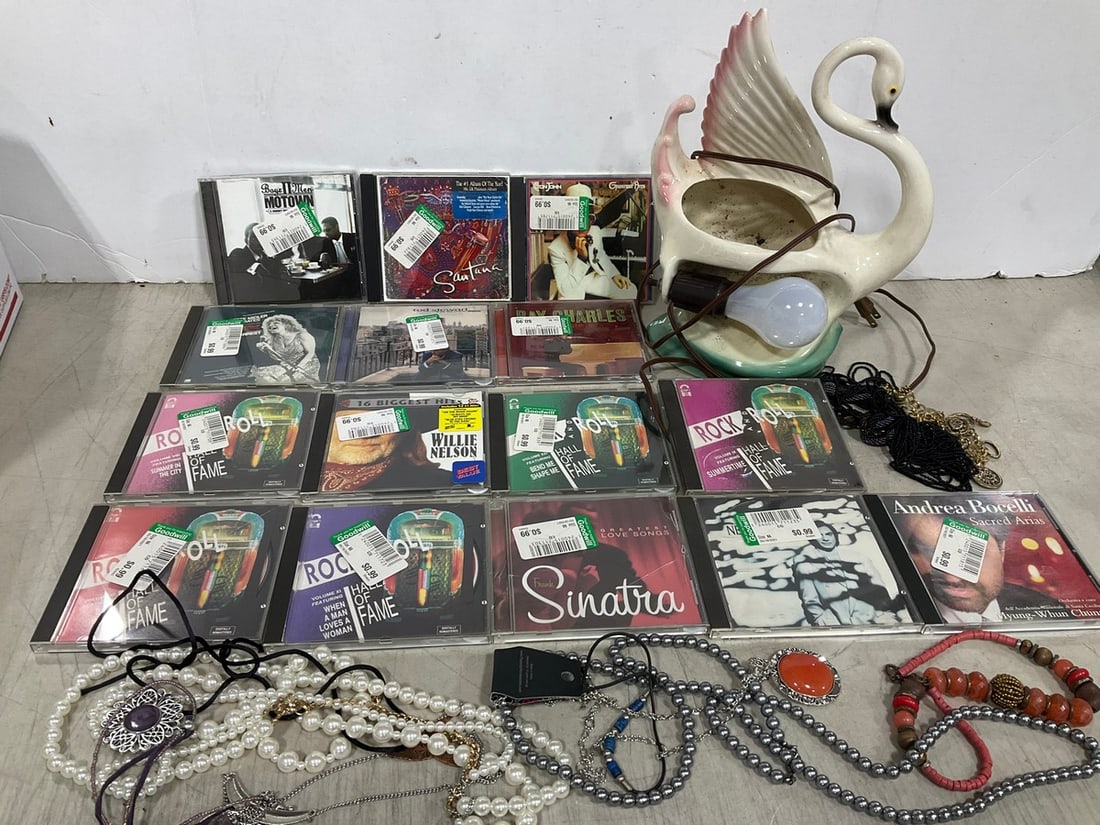 Various CDS, Ceramic Swan Planter/Lamp (12in Tall), and Various Costume Jewelry (1 of 1)