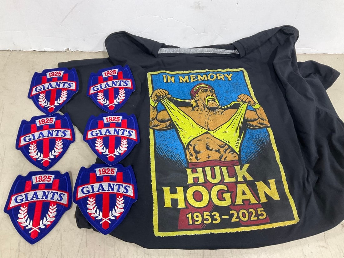 Hulk Hogan Tshirt (Size: 2xL), and Giants Iron On Patches: Hulk Hogan Tshirt (Size: 2xL), and Giants Iron On Patches