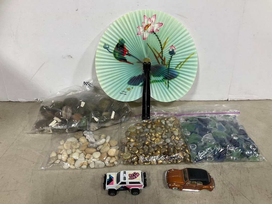 Various decorative rocks, handmade fan, and more: Various decorative rocks, handmade fan, and more