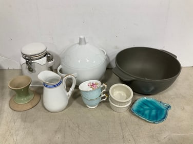 Ceramic punch bowl, condiment cups, Dunkin Donuts ceramic canister with spoon, and