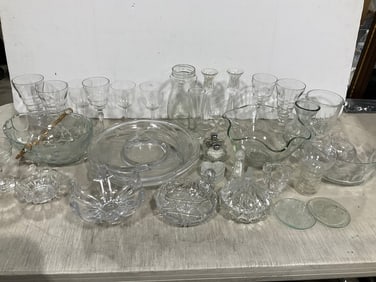 Crystal glass candleholders, bowls, drinking glasses, salt/pepper shakers, and more(tallest  8.5in.)