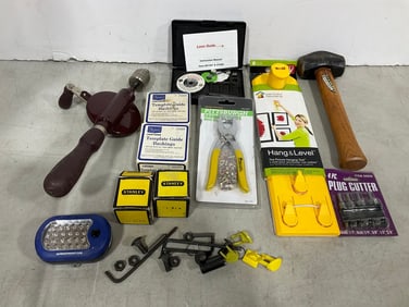 Hang & Level picture hanging tool, grommet pliers, 4pc. plug cutter, and more