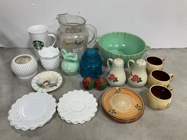 Milk glass plates/vases, ceramic salt/pepper shakers, large glass pitcher, and  more