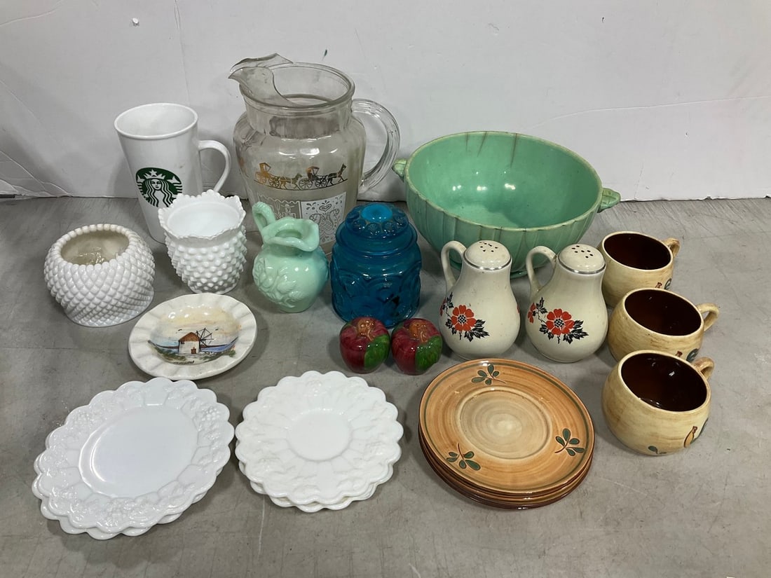 Milk glass plates/vases, ceramic salt/pepper shakers, large glass pitcher, and  more (1 of 1)