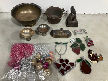 Vintage silver plated dessert bowls, stained glass ornaments, and more