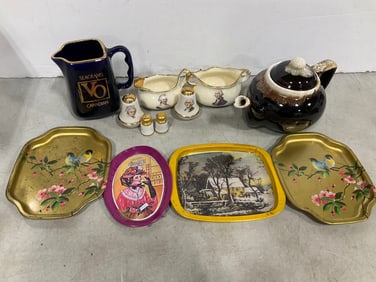 Various Tin Trays, Ceramic Pitchers, Pepper/Salt Shaker, and more (Tallest - 6in)