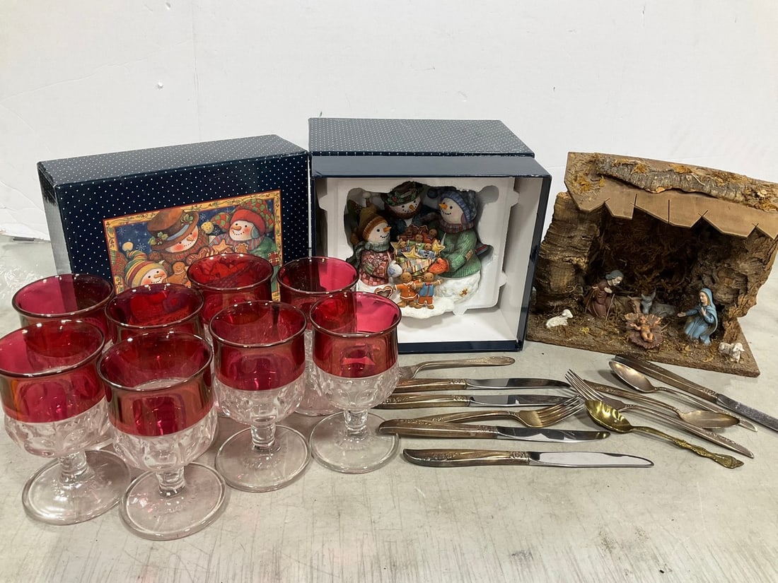 Various Glasses, Snowman Figure, Vintage Utencils, and more: Various Glasses, Snowman Figure, Vintage Utencils, and more