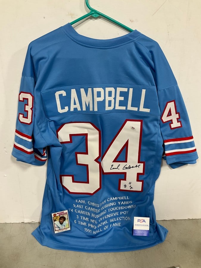 Houston Oilers Earl Campbell Stat Jersey - PSA 'auto' with card and inscriptions (Size: XL) (1 of 1)