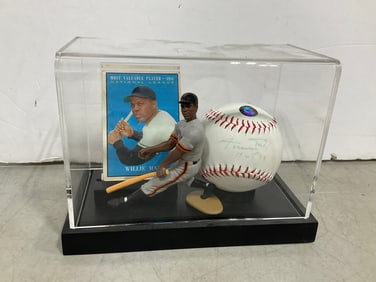 Willie Mays Figure, Autographed Baseball, and Collectible Card