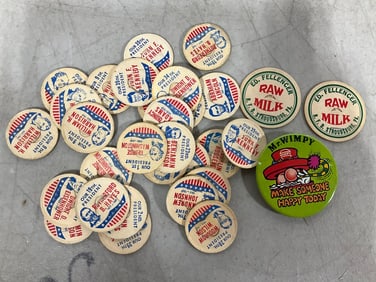 Vintage pin and milk caps