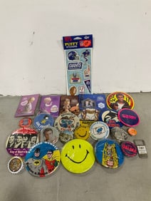 Vintage pins, NFL puffy stickers, and more