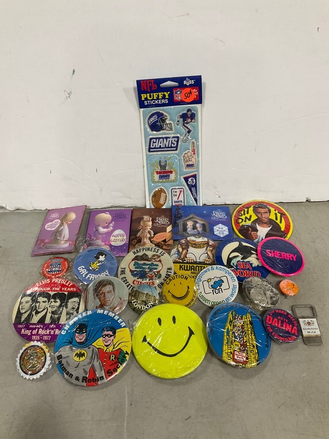 Vintage pins, NFL puffy stickers, and more: Vintage pins, NFL puffy stickers, and more