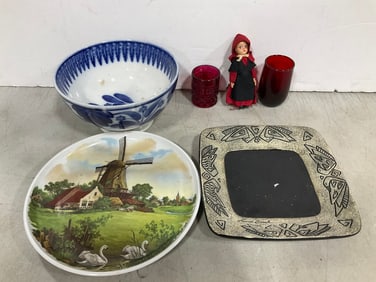 Decorative Ceramic Plate, Red Glass Cups, Blue and White Bowl, and more