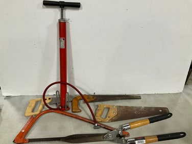 Vintage Air Pump, Wallace Hedge Trimmers, and Various Saw Blades