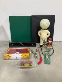 Wilton mini pie press(new in package), Mr. P one man shy lamp(11in.tall), office supplies, and more