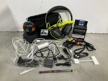 Nintendo DS game, various adapters/wires,Quiksilver headphones with case, magnet fidget stylus, and
