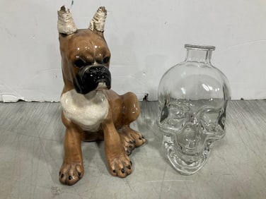 Ceramic Dog Statue (9in Tall), and Skull Glass Bottle