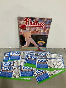 Phillies Souvenir Scorebook, and Yogi Berra Chocolate Milk Ad Prints