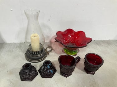 Various Red Glass Candle Holders, Pitcher, and more (Tallest - 10.5in)