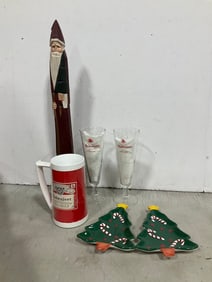Budweiser mug/drinking glasses, hand painted Christmas tree plates, and more(tallest 19.5in.)