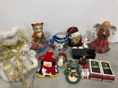 Various Christmas Decor, Cat Whiskey Decanter, and more
