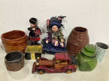 Various Pottery Art, Ceramic Dolls, Vintage Wood Car Model, and more